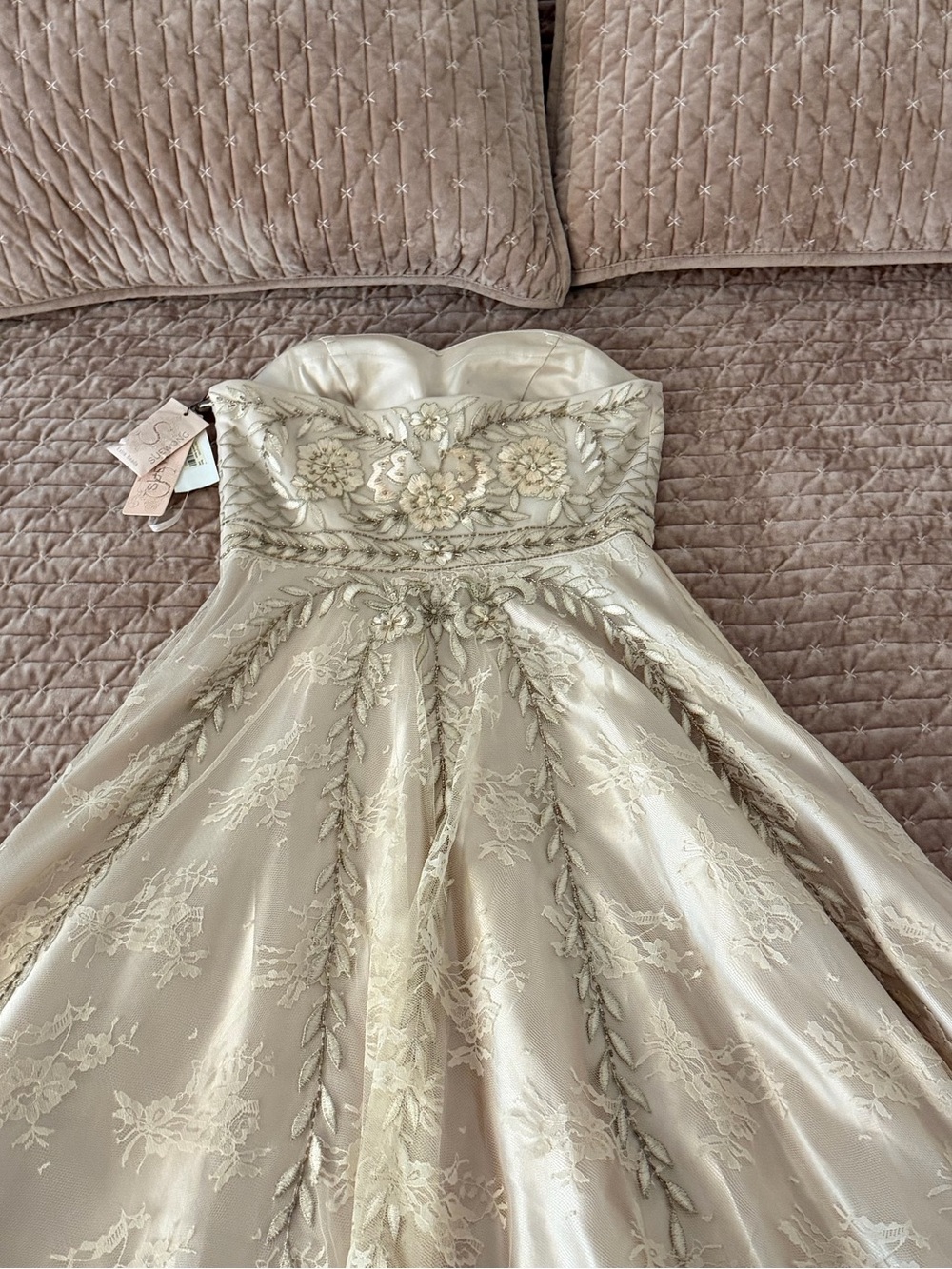 Sue Wong Strapless Lace-Embroidered Kids Dress in Champagne Gold - Picture 2 of 6